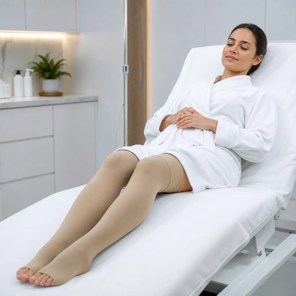 Bas de compression portés après une séance d’auto-drainage lymphatique