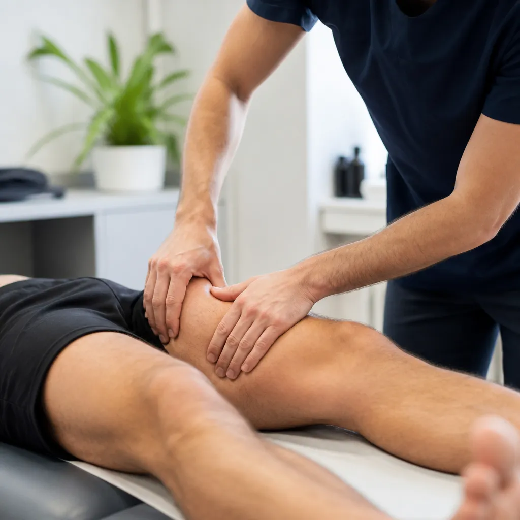 Mains du thérapeute appliquant des pressions douces et rythmées sur la cuisse d’un patient