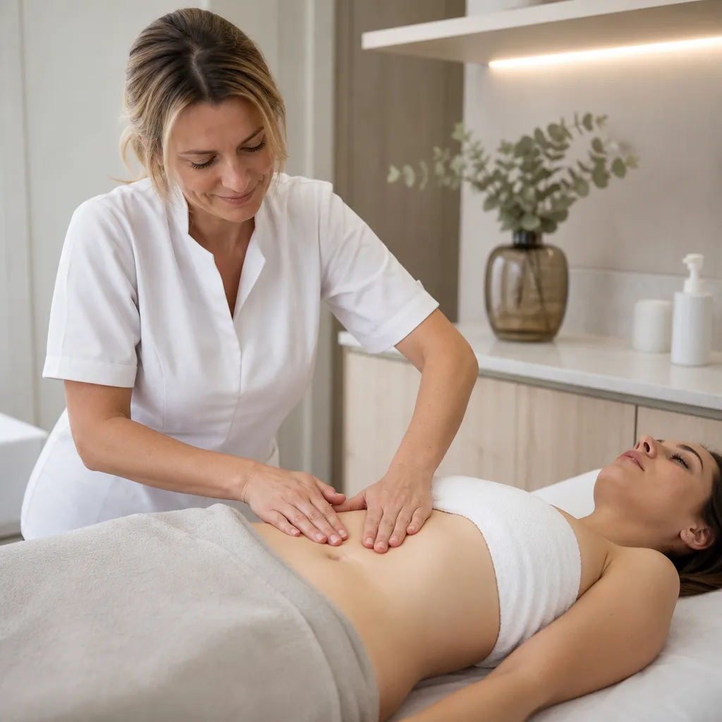 Kinésithérapeute pratiquant un drainage lymphatique abdominal doux en post-opératoire