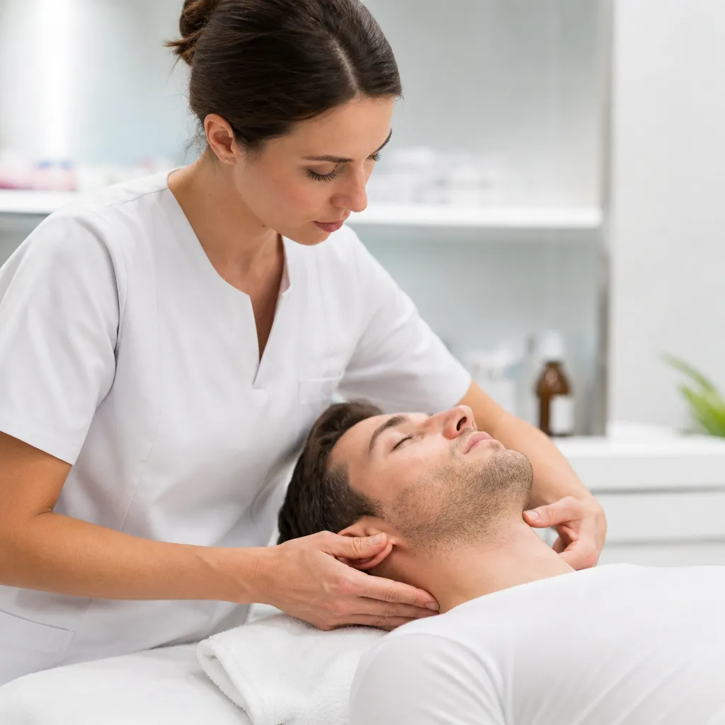 Kinésithérapeute effectuant des manœuvres de drainage cervical sur un patient allongé