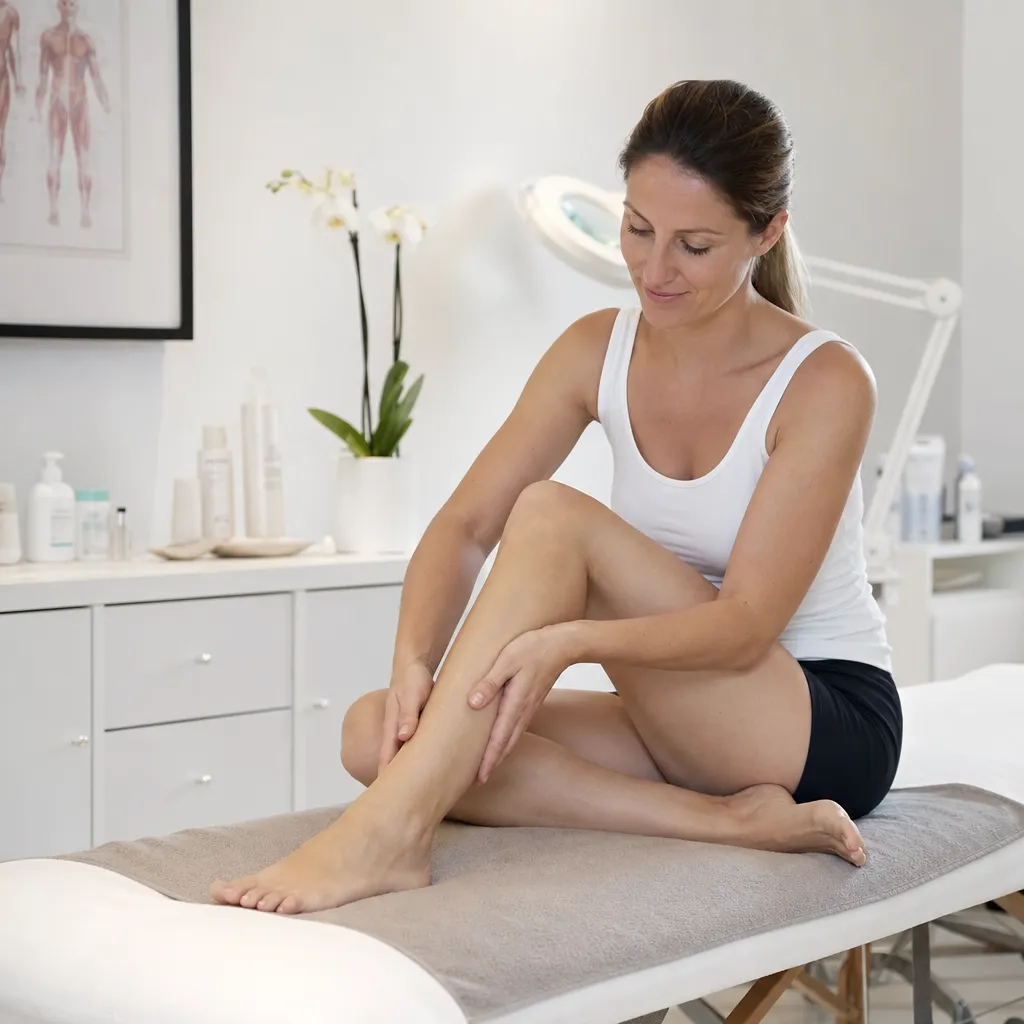 Patient pratiquant un auto-massage lymphatique des jambes à domicile selon les gestes enseignés en cabinet