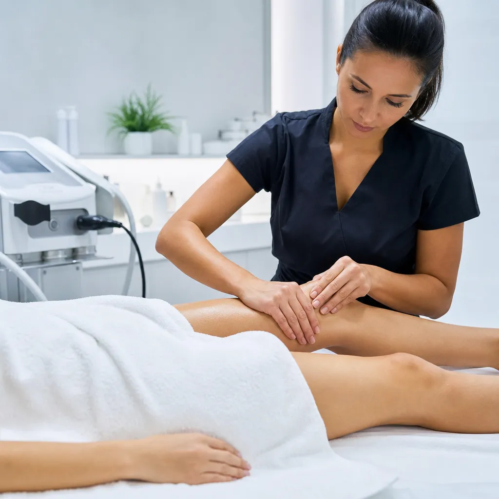 Séance de drainage lymphatique prénatal Magiques Moments : massage des jambes en décubitus latéral gauche