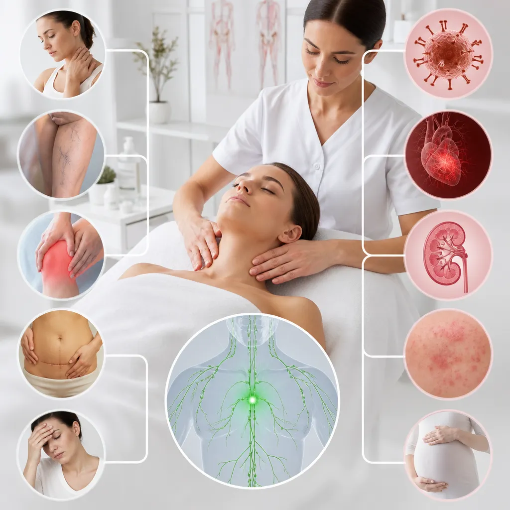 Infographie récapitulative : indications, contre-indications et bienfaits cliniques du drainage lymphatique