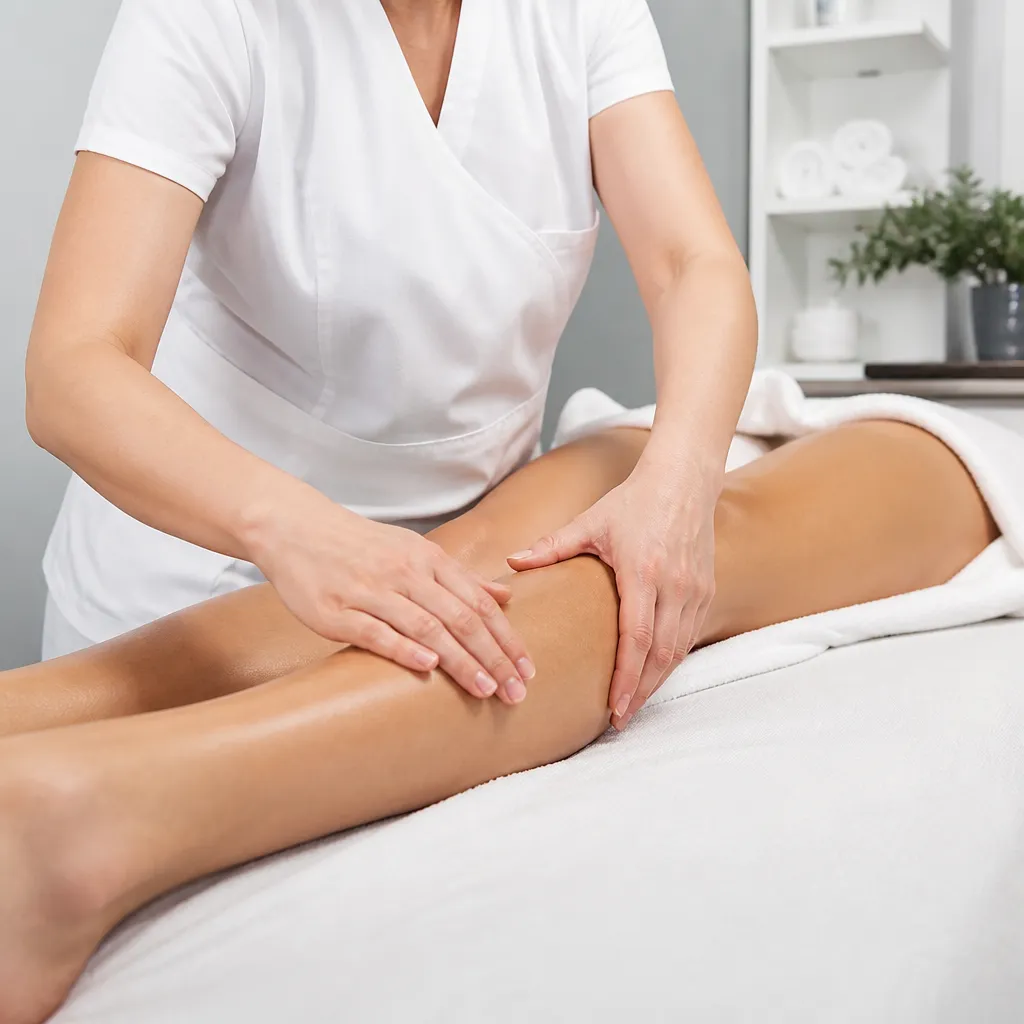 Mains du thérapeute réalisant des manœuvres de drainage lymphatique sur le membre inférieur
