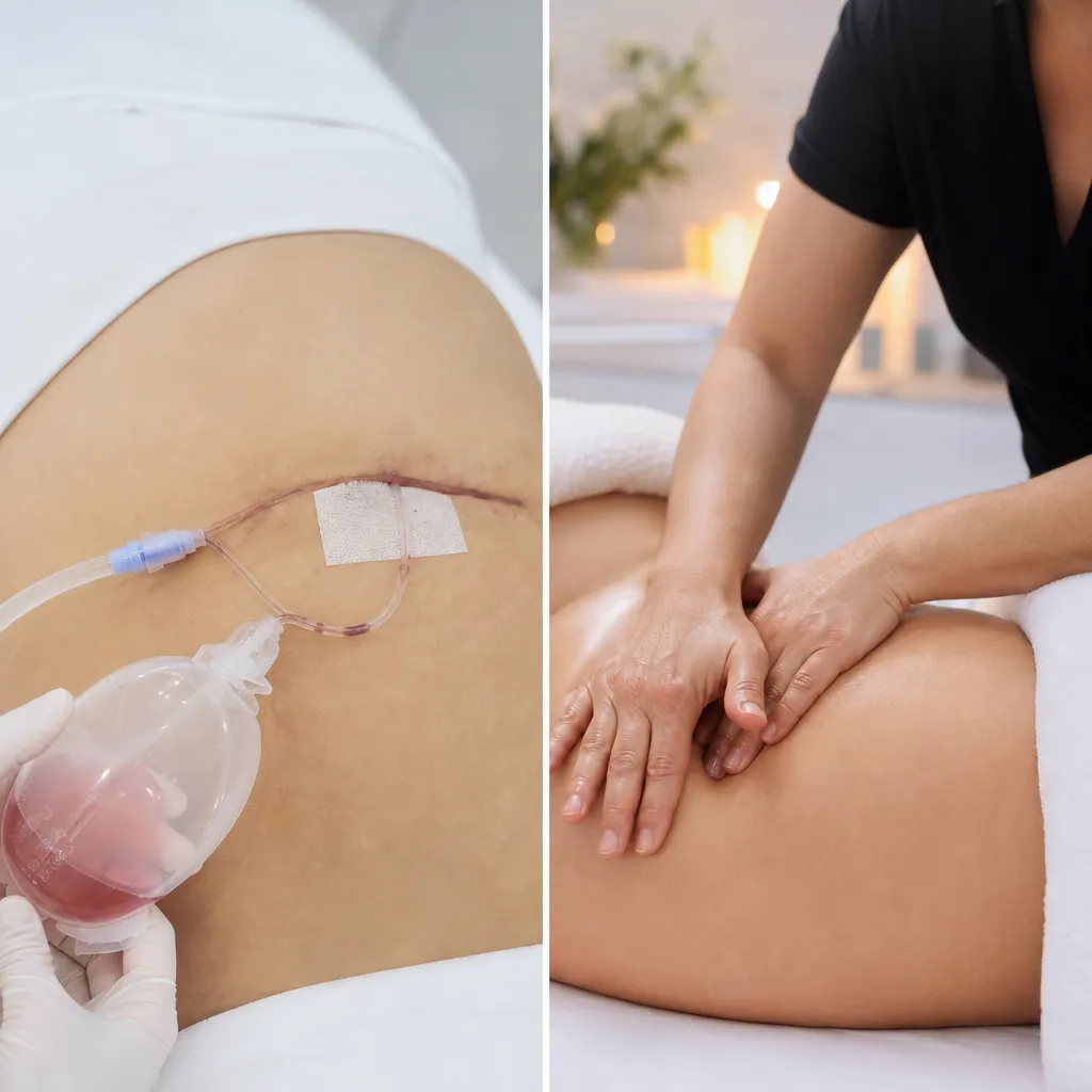 Comparaison visuelle entre drain chirurgical et massage de drainage lymphatique manuel