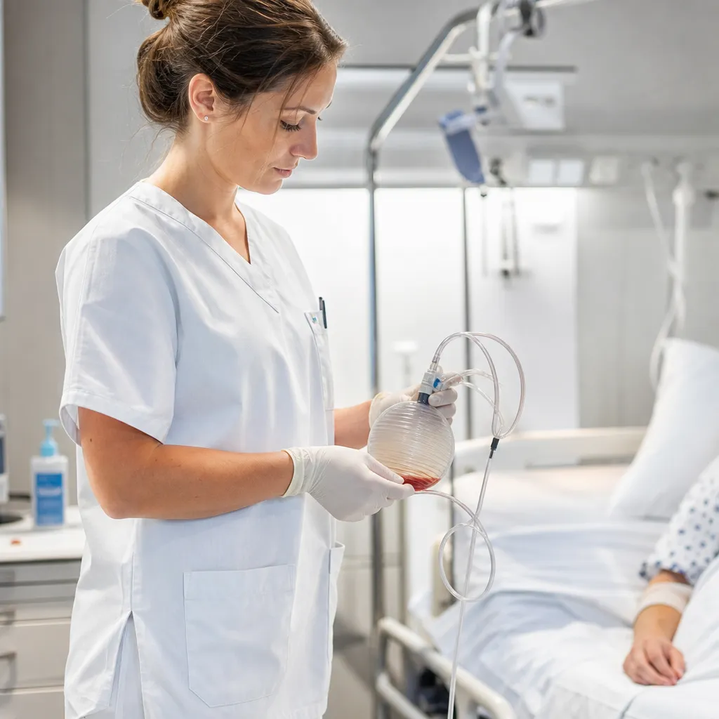 Infirmière surveillant le débit d’un drain de Redon en milieu hospitalier