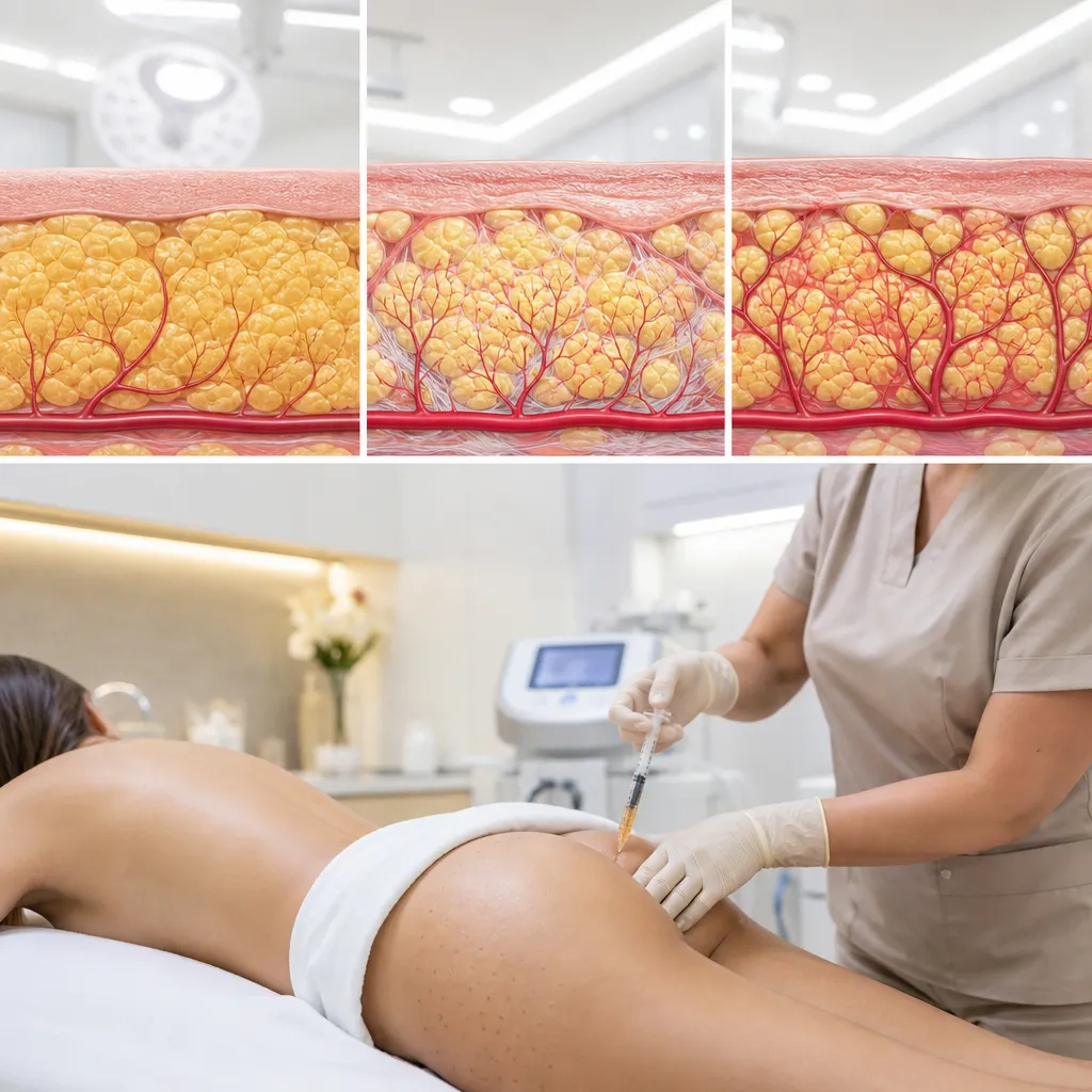 Phases de vascularisation du greffon adipeux post-BBL : plasmatic imbibition (J0–J3), revascularisation (J3–J14), consolidation (J14+)