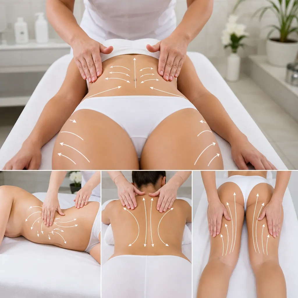 Zones donatrices BBL et direction du drainage lymphatique : ventre, flancs, dos, cuisses — orientations des manœuvres vers les ganglions en aval