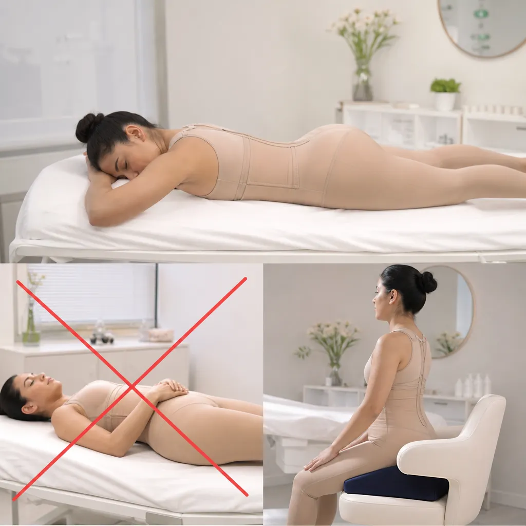 Positions de récupération post-BBL : décubitus ventral autorisé, décubitus dorsal interdit, position assise modifiée avec coussin BBL