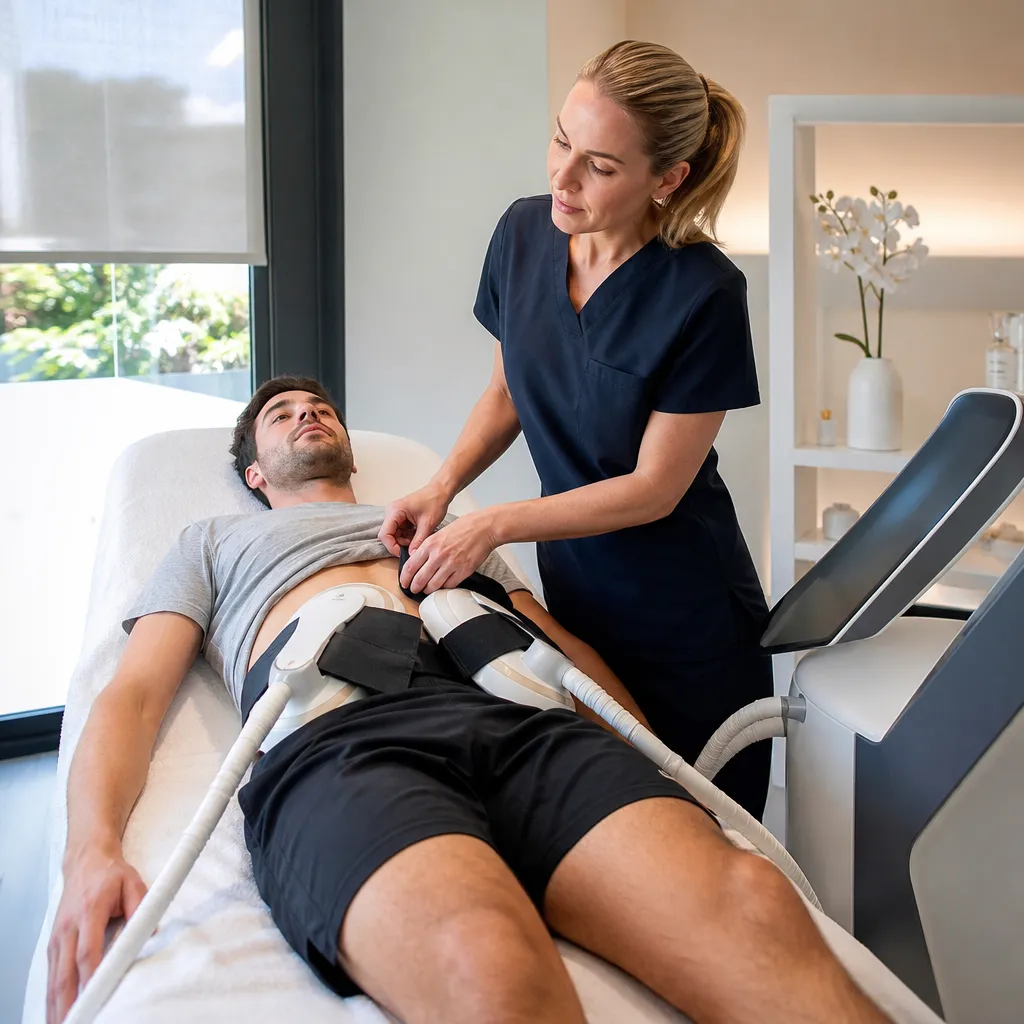 Séance HIFEM sur zone abdominale chez un patient en rééducation