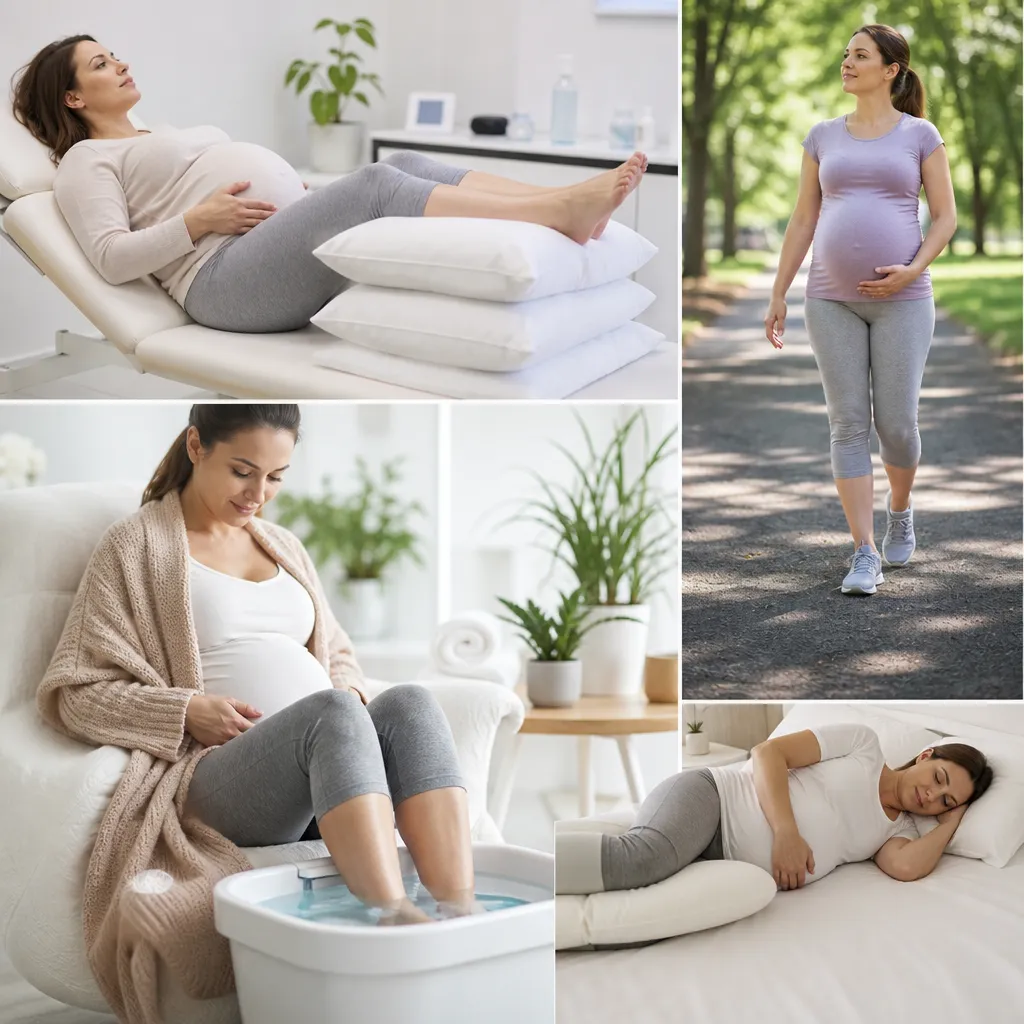 Gestes pour soulager les jambes gonflées en grossesse : surélévation, marche, bain de pieds froid, position de sommeil gauche