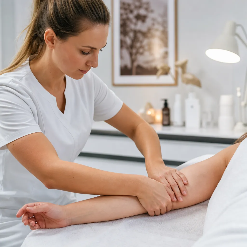 Kinésithérapeute réalisant des manœuvres de drainage lymphatique sur le bras d’un patient