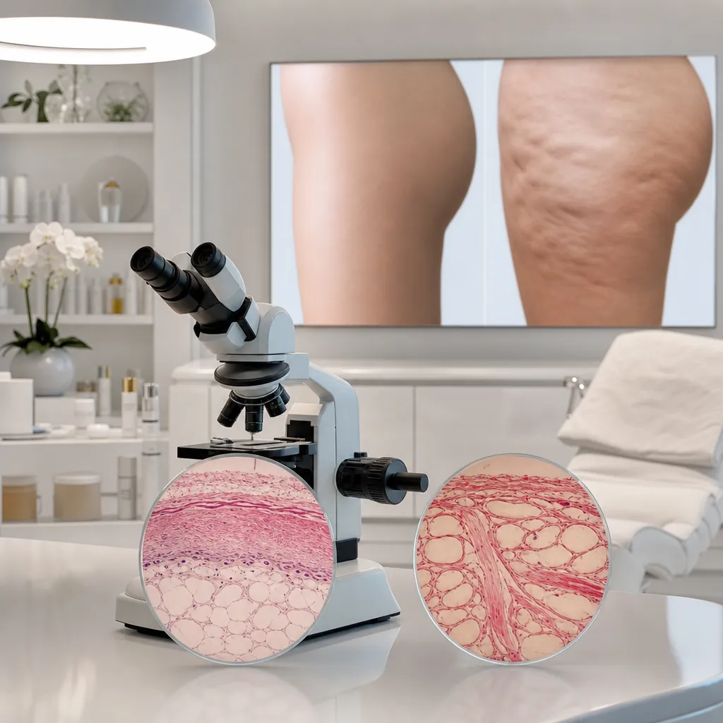 Comparaison peau saine et peau avec cellulite fibreuse au microscope