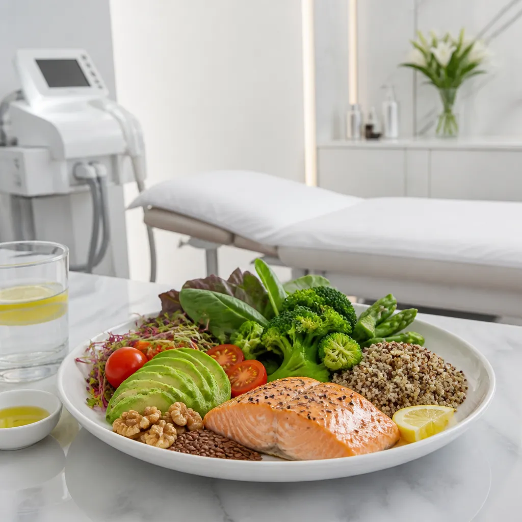 Assiette équilibrée anti-cellulite avec légumes, protéines et oméga-3