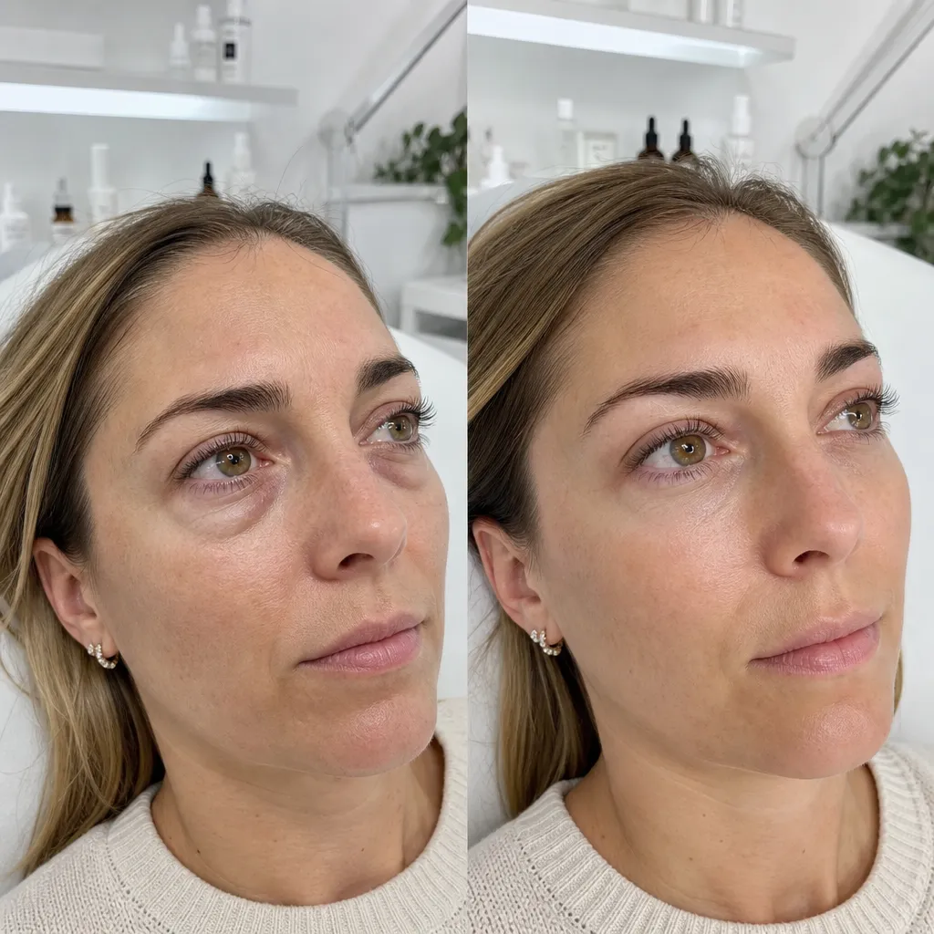 Avant/après drainage orbital Magiques Moments : réduction des poches sous les yeux après 4 séances