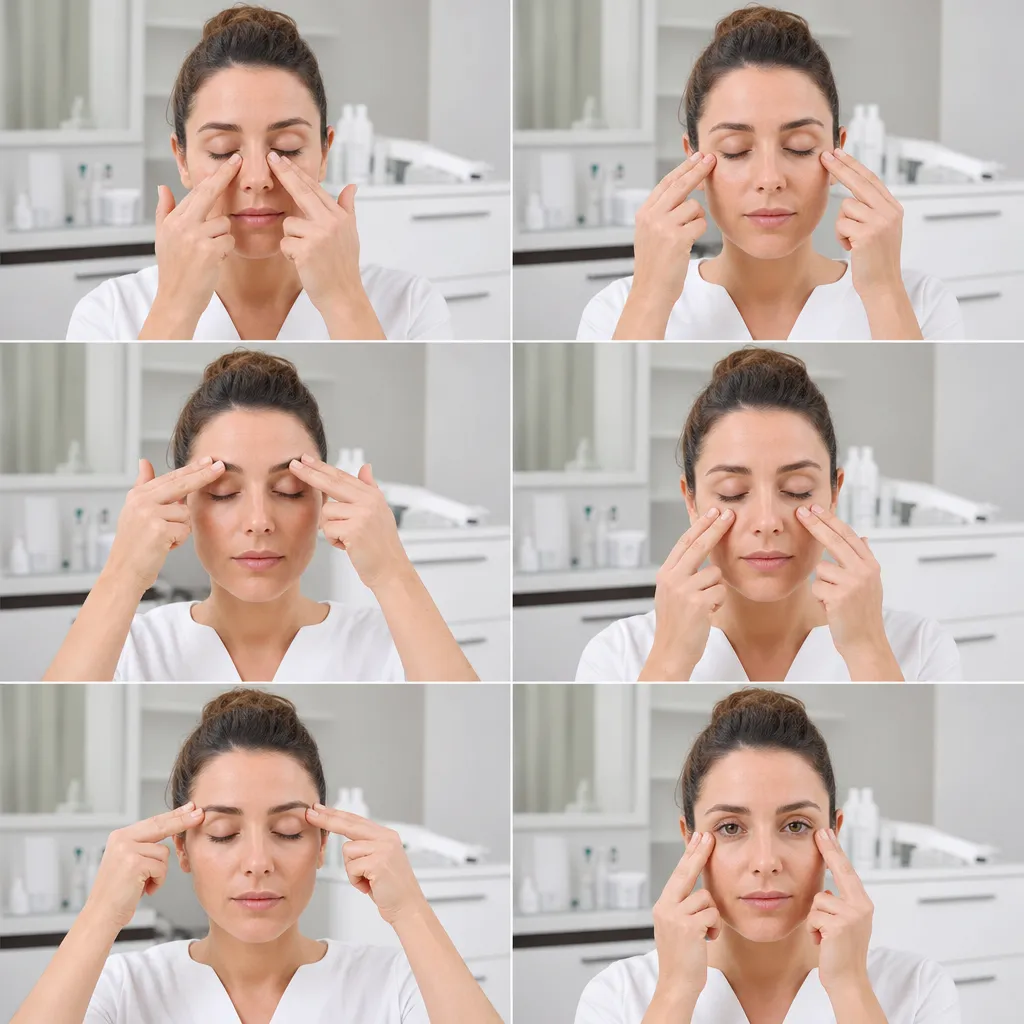 Protocole auto-massage contour des yeux pas à pas : photos des positions de doigts