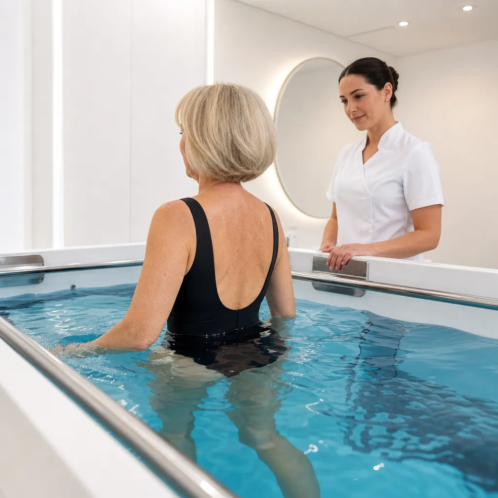 Femme pratiquant la marche aquatique pour stimuler le drainage lymphatique