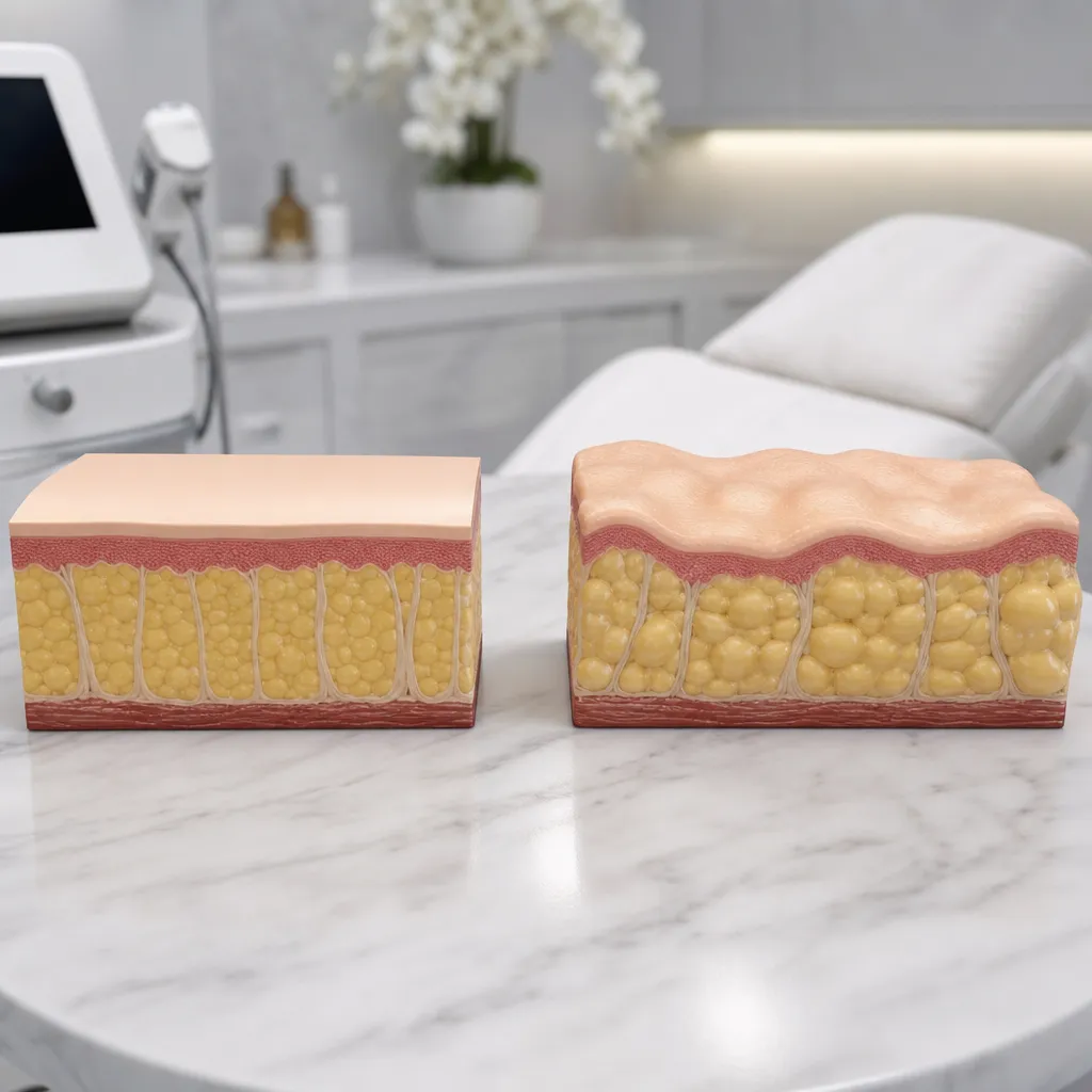 Comparaison tissu sous-cutané sain et tissu avec rétention d’eau et cellulite