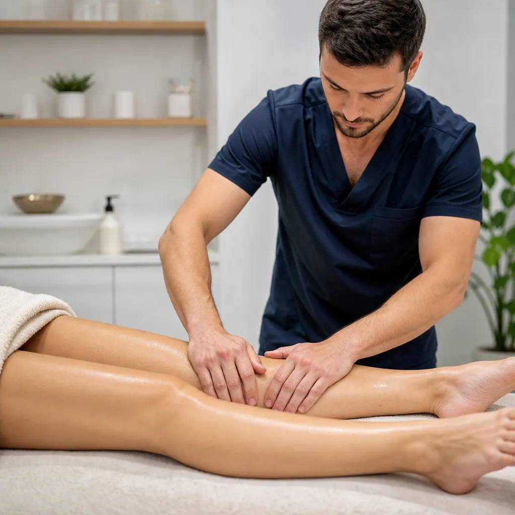Praticien réalisant un drainage lymphatique manuel sur les jambes d’une patiente